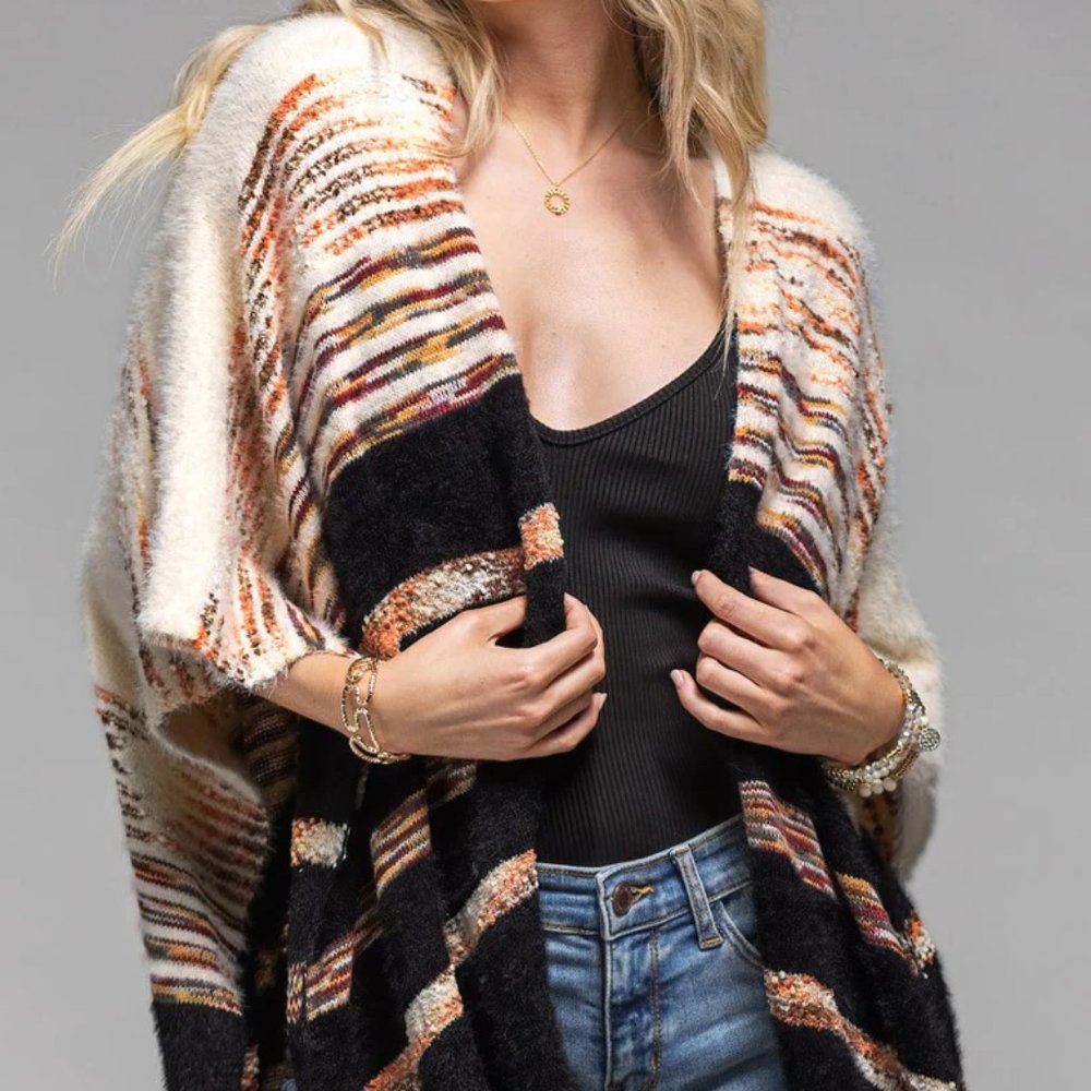 Stripe Pattern Faux Fur Ruana Sweater Jacket Ruana - Picture 5 of 5